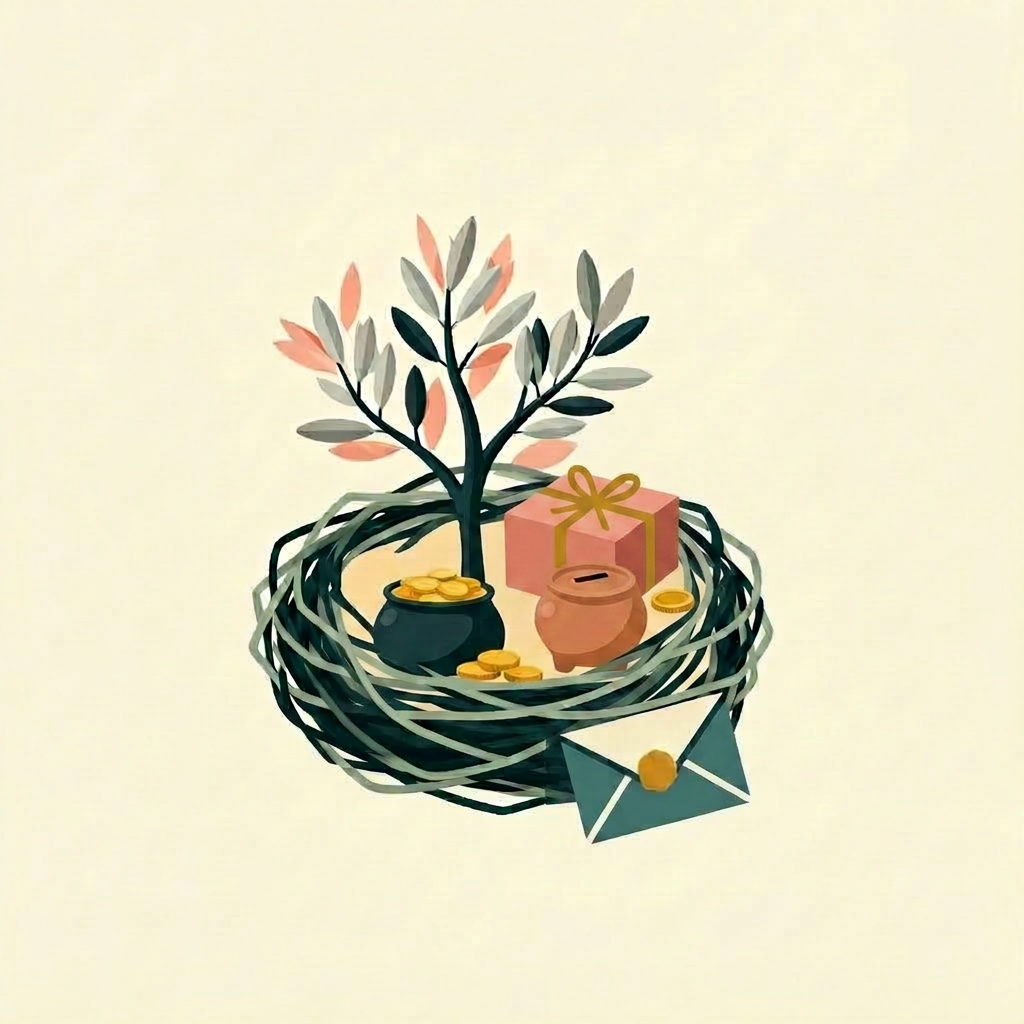 A woven nest holding a small olive sapling and a pot of gold — gifts that last
